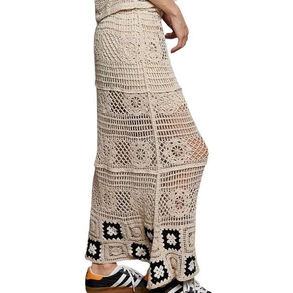 Boho Crochet Maxi Skirt Cream Black Granny Square Patchwork Long Knit Skirt OS - Picture 3 of 7